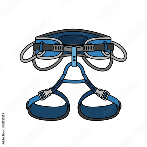 A colorful, detailed illustration of a blue and grey safety climbing harness