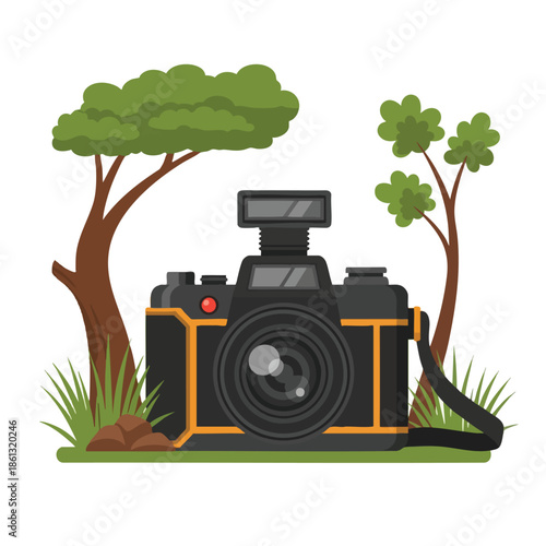 A stylized camera with trees and grass, on a green base against a white backdrop