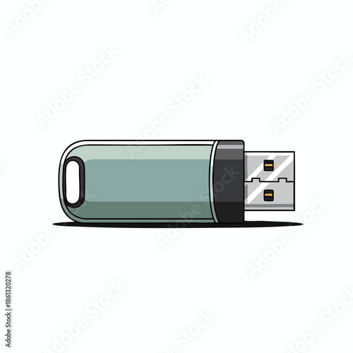 Illustration of a grey USB flash drive on a white background, black outline