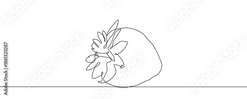 One strawberry with leaves on top. Drawing in one line art style with editable black stroke on a white background. Vector illustration.
