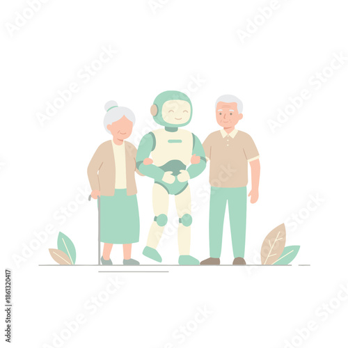 illustration of a friendly faceless humanoid robot walking with an elderly woman and man
