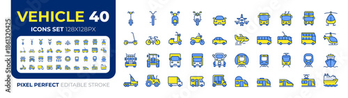 Vehicles pixel perfect colorful icons big set. Machines designed to transport people and cargoes. Driving cars iconset color linear symbols. Vector isolated flat illustrations. Editable stroke