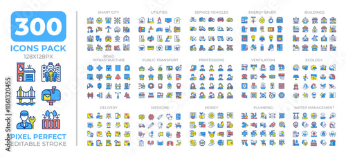 Smart city colorful icons set collectio. Urban management strategy. Innovative solutions for town areas mega pack of flat line symbols, pixel perfect. Isolated vector illustrations. Editable stroke