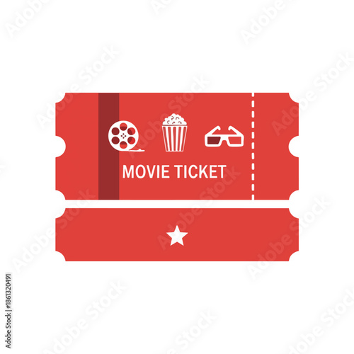 A rectangular red movie ticket graphic with icons film reel, popcorn, 3D glasses