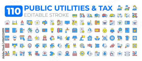 Public utilities and tax colorful icons big set. Financial system. Significant source of funding for government iconset color linear symbols. Vector isolated flat illustrations. Editable stroke