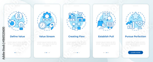 Five principles of lean management blue onboarding mobile app screen. Walkthrough 5 steps editable graphic instructions with linear concepts. UI, UX, GUI. Montserrat SemiBold, Regular fonts used