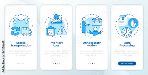 Problems in lean management blue onboarding mobile app screen. Walkthrough 4 steps editable graphic instructions with linear concepts. UI, UX, GUI. Montserrat SemiBold, Regular fonts used