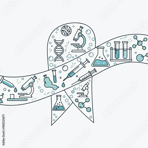 World Cancer Day awareness ribbon illustration with medical and scientific symbols in blue on white background.