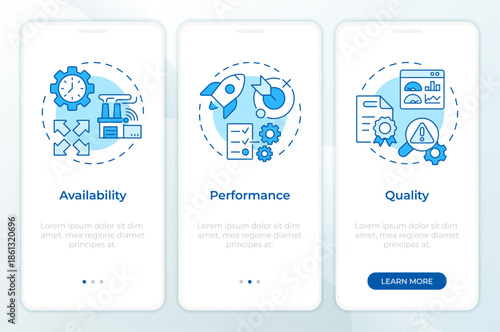 Equipment effectiveness control blue onboarding mobile app screen. Walkthrough 3 steps editable graphic instructions with linear concepts. UI, UX, GUI. Montserrat SemiBold, Regular fonts used