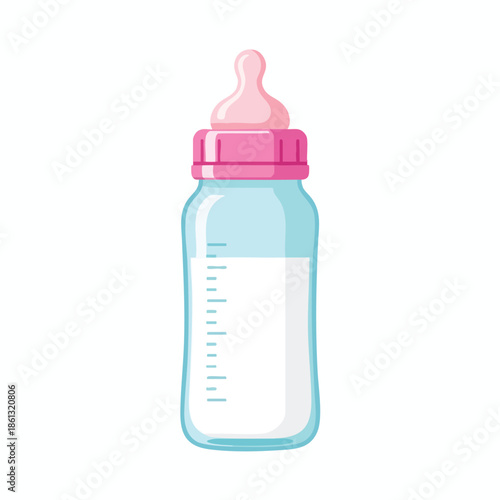 A cartoon baby bottle with pink top, nipple and white liquid, on a white background
