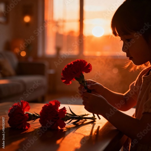 석양빛_카네이션_선물하는_어린이_실루엣