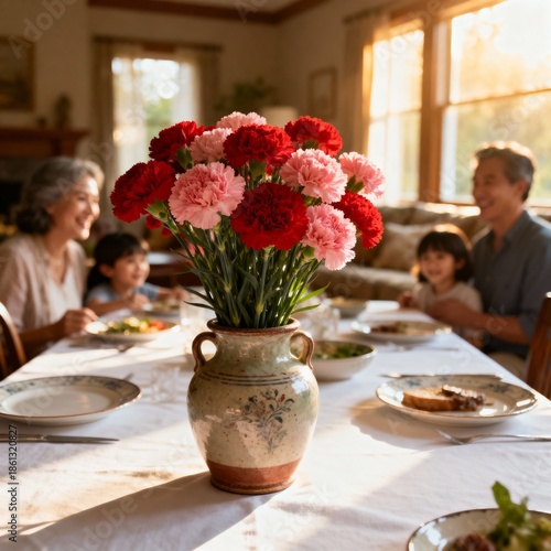 식탁위카네이션꽃다발과따뜻한가족식사풍경