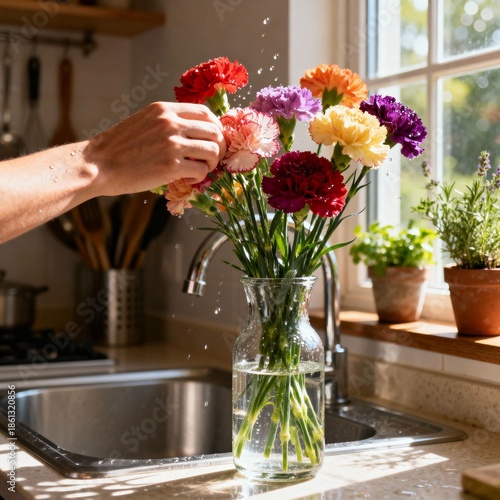 창가에서카네이션꽃꽂이하는모습