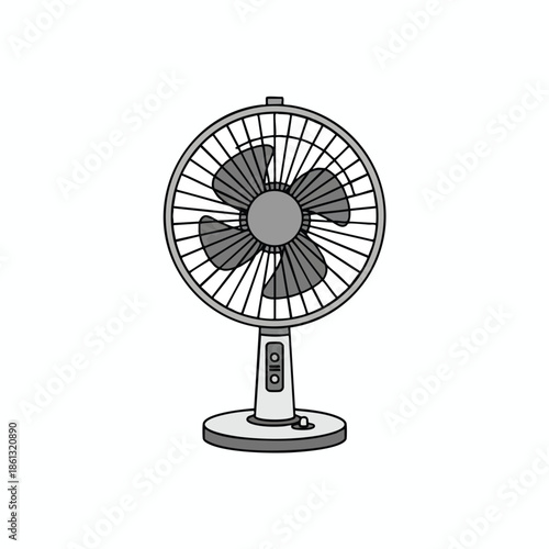 An illustrated electric fan, gray and white with three blades and a protective grill