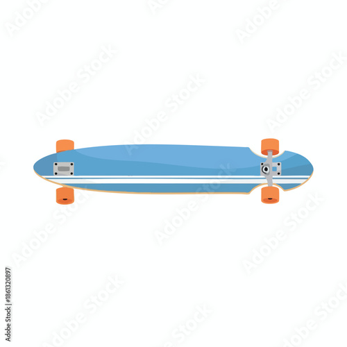 A blue longboard with white stripes and orange wheels, displayed on a white background