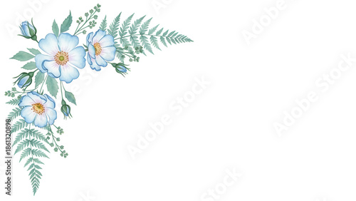 Minimal elegant watercolor floral corner border featuring wild roses and fern in pastel blue isolated on white background