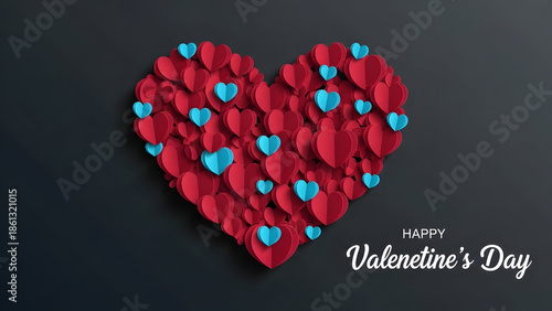 Valentines day heart made of roses and blue hearts on dark background