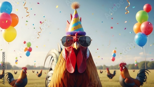 Colorful Rooster Wearing Sunglasses and Party Hat Celebrating with Balloons and Confetti