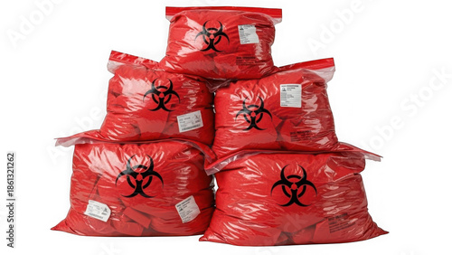 Red biohazard bags stacked together for medical waste disposal