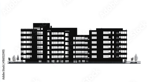 Urban apartment building silhouette, architectural drawing, city view, illustration, for digital use