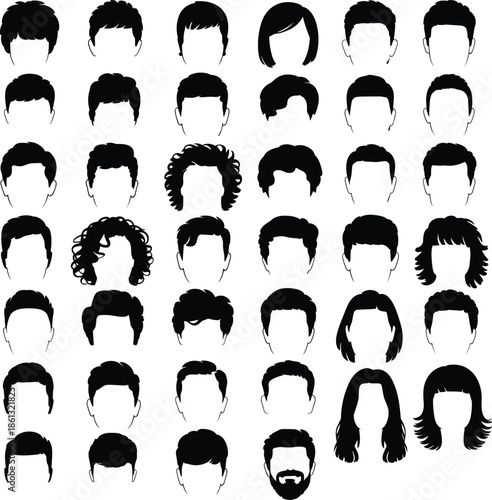 Hairstyle silhouettes collection, men women haircuts icons, modern avatar head shapes, black vector illustration set isolated white background