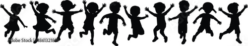 Happy children silhouettes jumping, playful kids group, joyful childhood activity, fun energy illustration, black vector design isolated white background concept