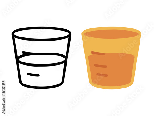 Simple medicine measuring cup illustration with a colored version and an outline version, clean and minimal style suitable for icons, UI design, stickers, medical graphics, and educational materials.