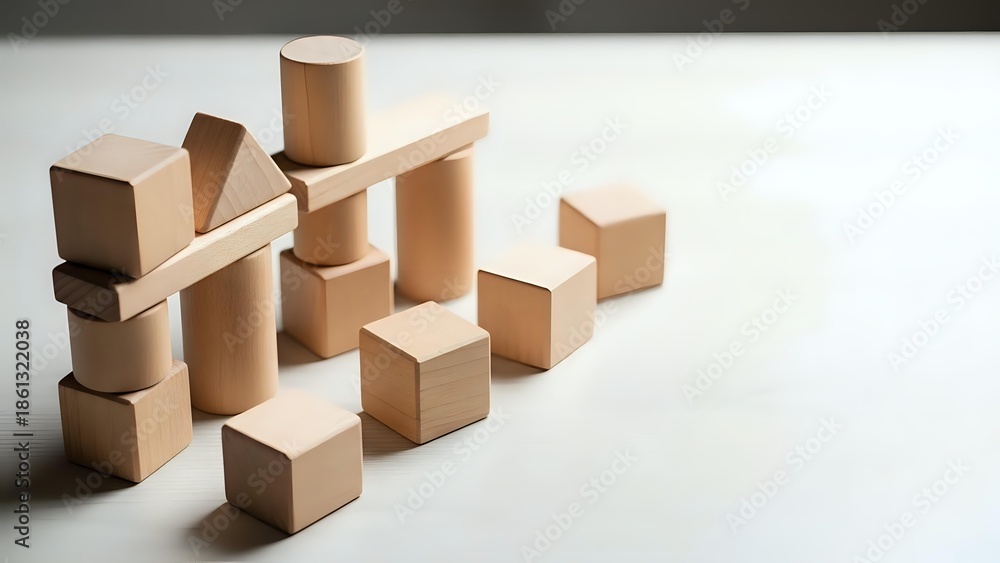 Obraz premium Wooden building blocks scattered on white surface creating abstract geometric composition for educational toys and creative play concepts.