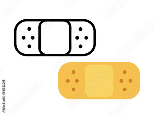Simple adhesive bandage illustration with a colored version and an outline version, clean and minimal style suitable for icons, UI design, stickers, medical graphics, and educational materials.