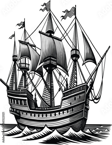 Vintage wooden pirate galleon ship model with tall masts and flags, a nautical sailing vessel isolated on a white background for adventure and travel illustration