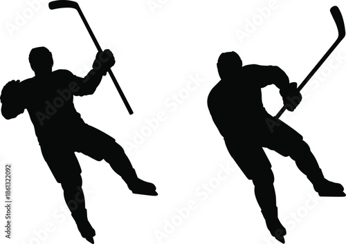 Ice hockey player silhouettes action poses, professional sports athletes skating shooting puck, black vector illustration isolated white background