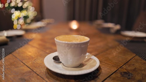 Wallpaper Mural Cup of espresso amid holiday glow and ambiance, Wooden table with steaming coffee and cozy holiday lights Torontodigital.ca