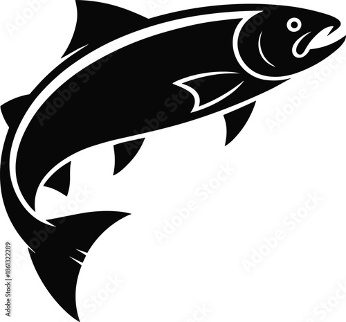 Jumping fish silhouette illustration showing dynamic aquatic motion, fishing sport symbol, black vector icon isolated on white background
