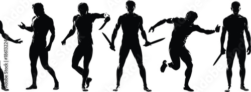 Male warrior silhouettes holding knives, combat action poses, strong athletic fighters illustration isolated on white background for martial arts design