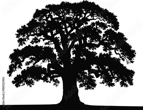 Majestic oak tree silhouette illustration showcasing nature strength, ancient forest symbol, black vector design isolated on white background minimalist artwork
