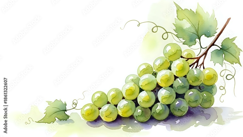 Naklejka premium Fresh green grapes cluster with vine leaves and tendrils on white background, isolated fruit element for wine industry and healthy food designs.