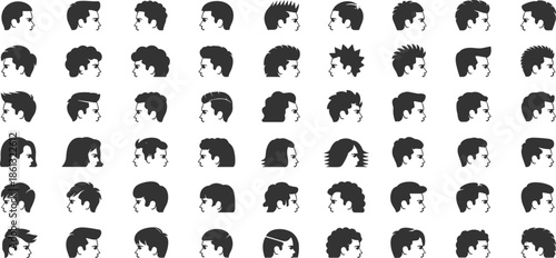 Men hairstyle silhouette set, male profile haircut icons, barber fashion vector collection, modern grooming styles illustration isolated white background design