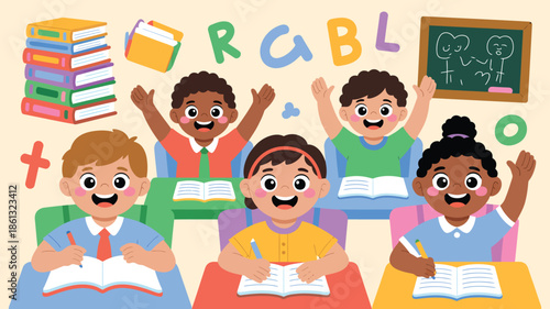 Happy school kids in classroom reading writing and raising hands