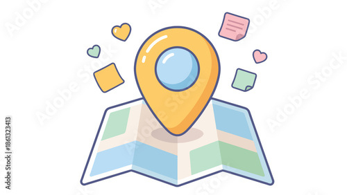 Creative Location Pin with Floating Notes Illustration for Strategic Travel Planning and Destination Mapping
