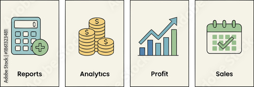 A collection of essential business and finance icons representing reports analytics profit and sales for data management