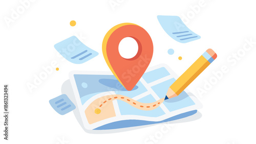 Vector flat illustration of digital map route planning on a tablet with location pin pencil drawing path and floating documents for travel itinerary navigation and logistics concepts