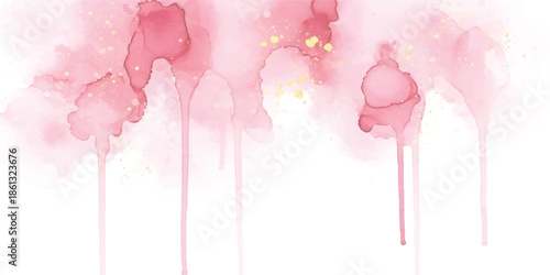 Abstract watercolor drips in soft pink and gold tones creating a delicate artistic background
