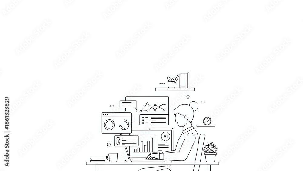 Obraz premium Young professional woman working at computer desk with multiple monitors displaying charts and data analytics in modern office workspace.