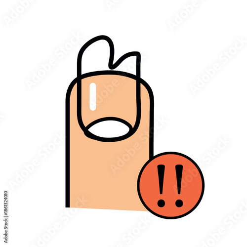 Hand-drawn flat icon of a finger with a broken nail and alert symbol. Minimal illustration representing nail damage, manicure problem, beauty emergency, or nail care reminder. Suitable for beauty apps