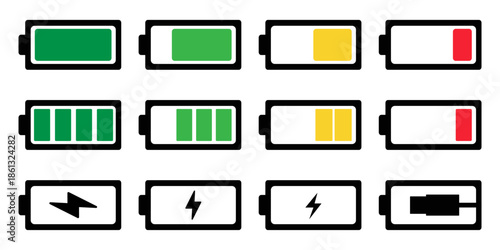 Battery charge indicator icons. Phone charge level, color collection of charge power. Discharged and fully charged battery. Battery charge from high to low. Vector Illustration.
