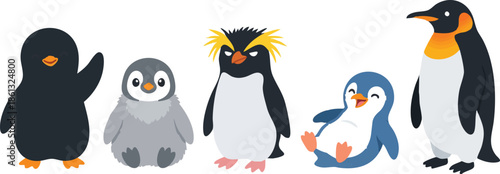 Cartoon penguins in various poses and expressions.