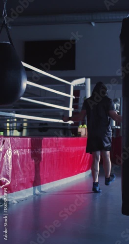 Slow motion vertical 4K footage of the boxer's silhouette flows effortlessly, combining strength and determination in a rhythmic jump rope session.