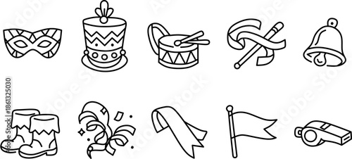 Mummers parade icon set. Outline carnival festival symbols