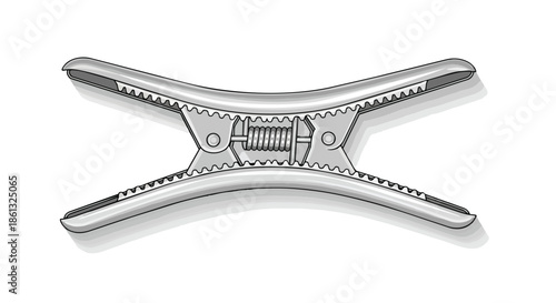 Monochrome illustration of a versatile spring clamp, detailing its robust metallic build, central coil spring, pivot mechanism, and serrated jaws,