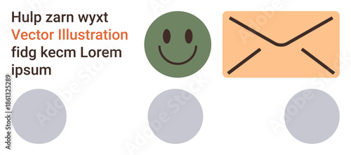Communication, messages, positivity, design elements, placeholders, user interface. happy face, envelope and circles with generic placeholder text. Communication and positivity concepts